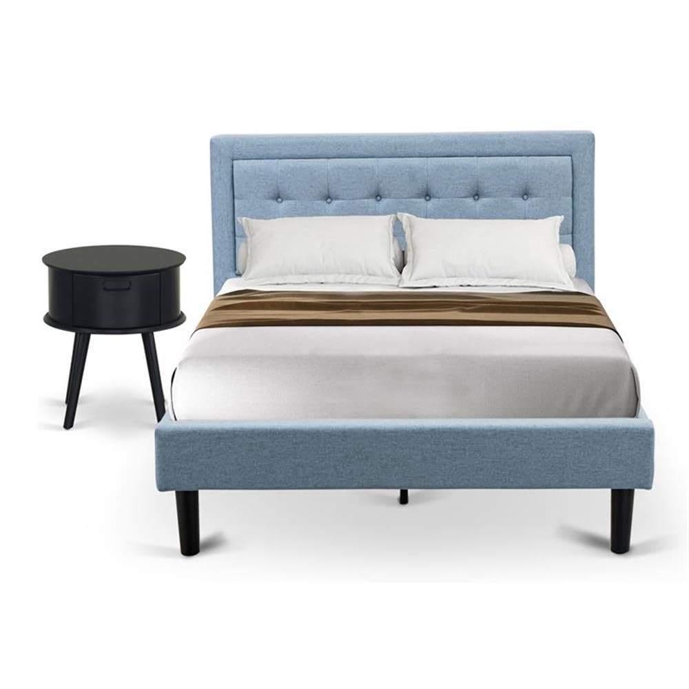 East West Furniture FN11F-1GO15 2-Pc Platform Full Size Bed Set with 1 Bed Frame and a Night Stand for Bedrooms - Reliable and Sturdy Construction - Denim Blue Linen Fabric