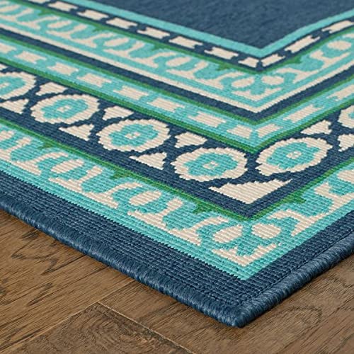 HomeRoots Polypropylene 2’x3’ Navy and Green Geometric Indoor Outdoor Scatter Rug