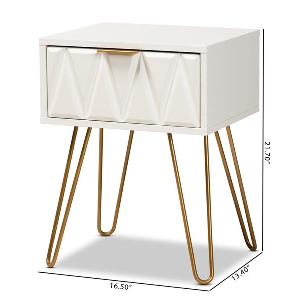 Baxton Studio Holbrook Contemporary Glam and Luxe White Finished Wood and Gold Metal 1-Drawer End Table