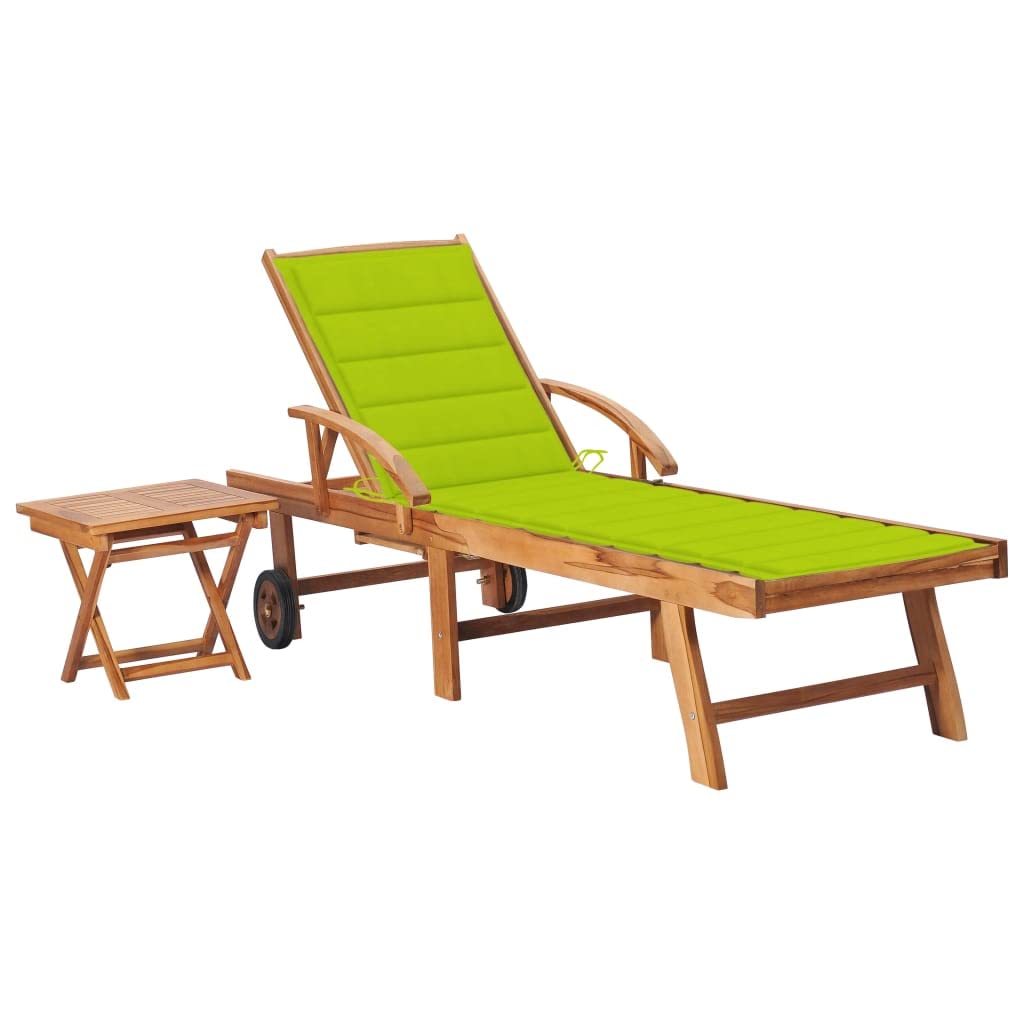 vidaXL Sun Lounger, Outdoor Chaise Lounge Chair with Wheels, Patio Daybed with Table and Cushion for Beach Yard, Retro Style, Solid Wood Teak
