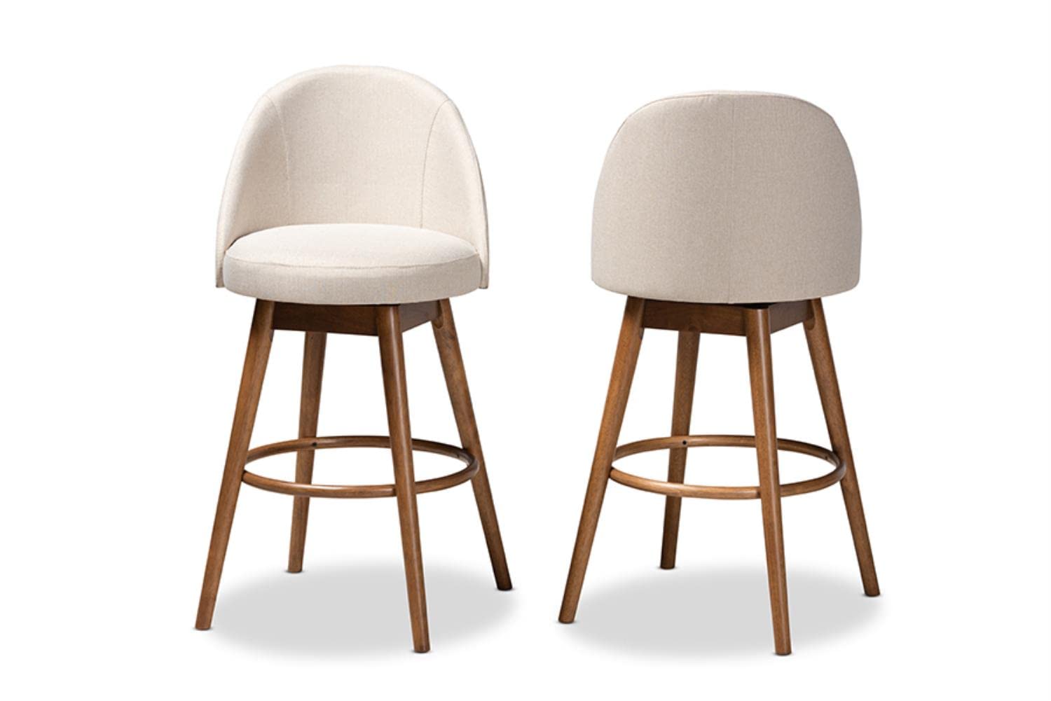 Baxton Studio Carra Mid-Century Modern Light Beige Fabric Upholstered Walnut-Finished Wood Swivel Bar Stool (Set of 2)