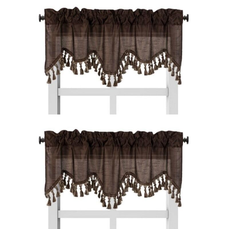 Solid Faux Silk Swag Waterfall Cascade Ascot Window Curtain Valance w/Tassels Trim 55  x18  Wave (2, Brown)