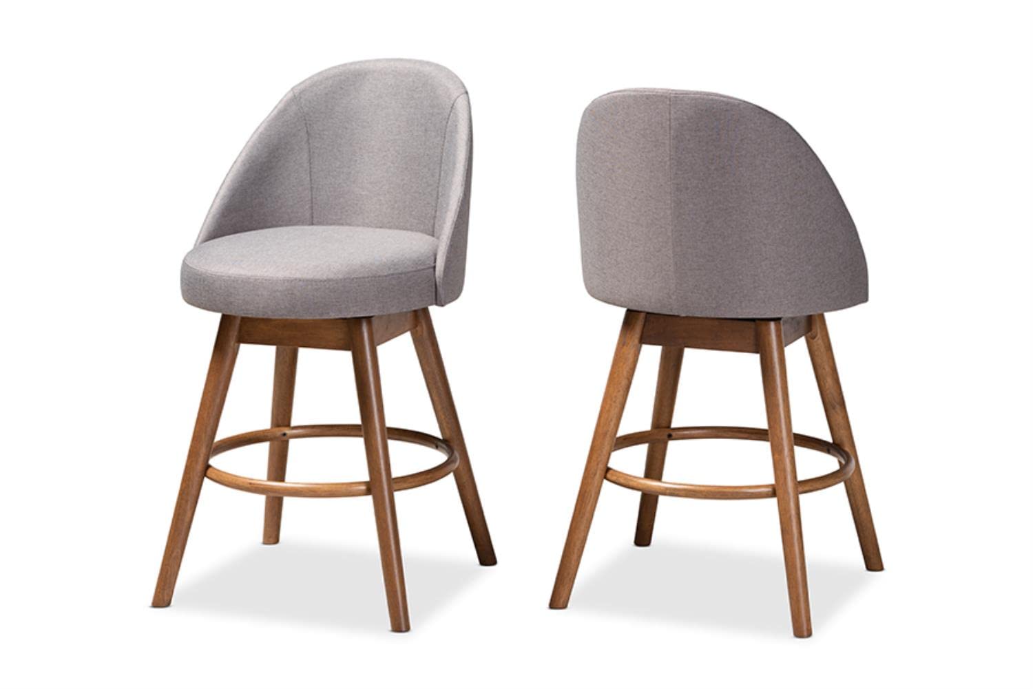Baxton Studio Carra Mid-Century Modern Grey Fabric Upholstered Walnut-Finished Wood Swivel Counter Stool (Set of 2)