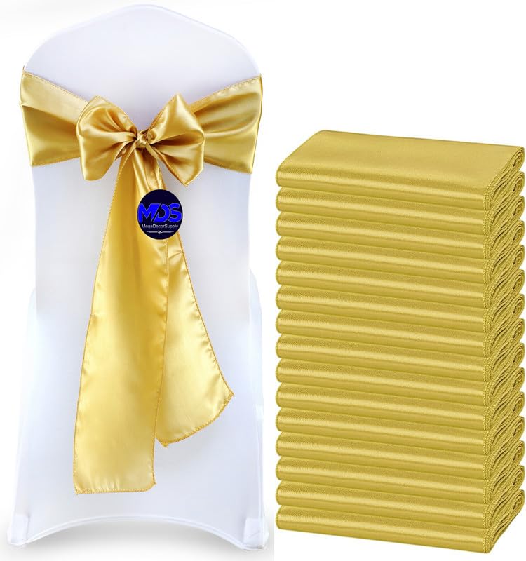 Mds Pack Of 125 Pcs Satin Chair Sashes Charmeuse Sateen Dining Chair Bows Ribbon Ties Back Sash For Wedding Party Birthday Home Hotel Restaurant Banquet Decoration (7 X 108 Inch, Gold)