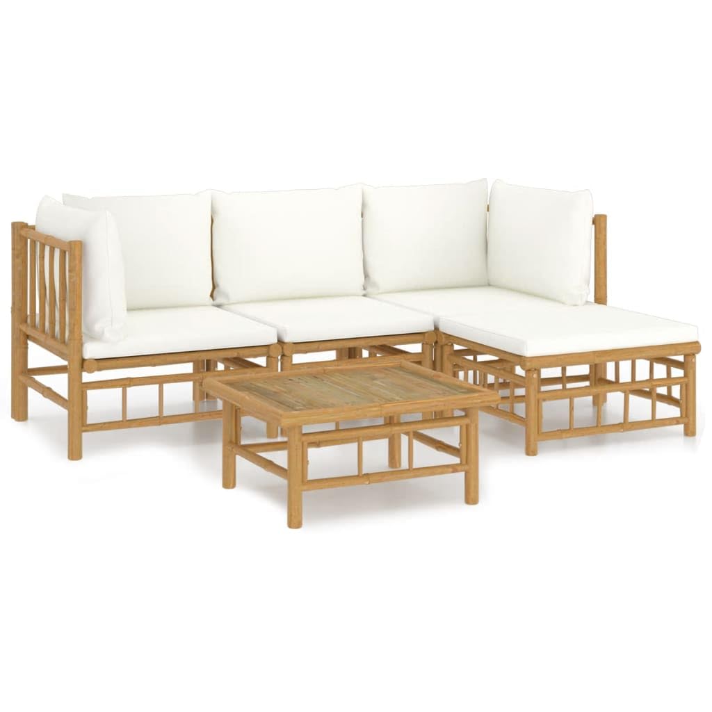 vidaXL 5-Piece Bamboo Patio Lounge Set with Cream White Cushions - Durable Outdoor Furniture with a Practical Table, Comfortable