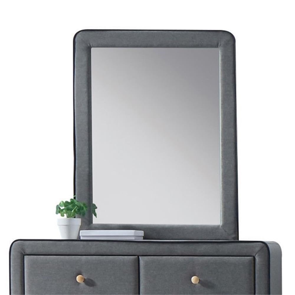 Acme Valda Rectangular Upholstered Mirror In Light Gray Fabric