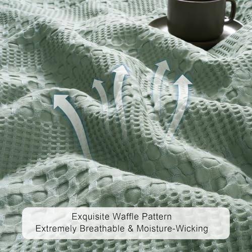 Phf Cooling Waffle Blanket Twin Size, Lightweight 60% Rayon Derived From Bamboo & 40% Cotton Breathable Blanket For Hot Sleepers, Soft And Luxury For Bed Couch And Sofa, 66'X90', Sage Green