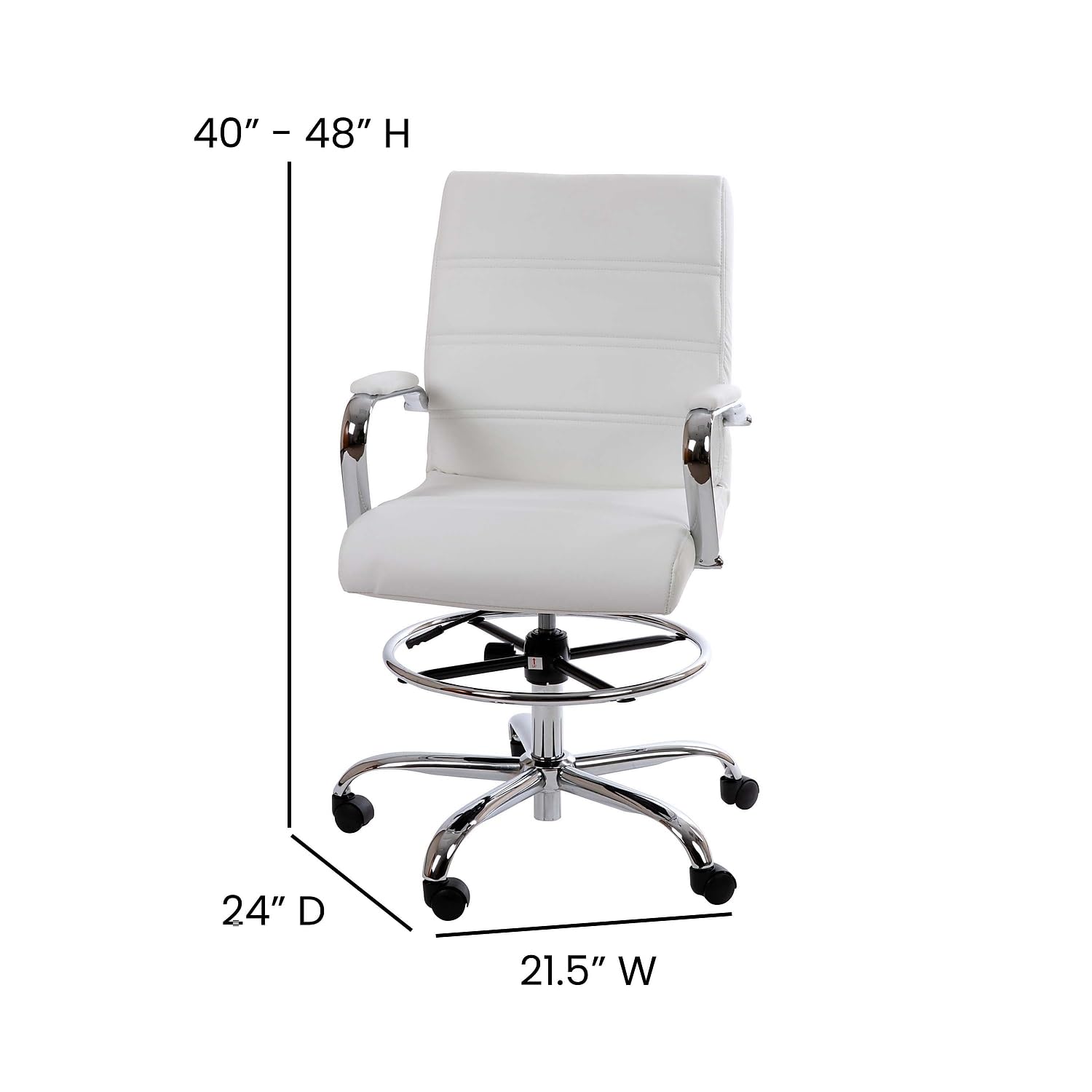 Flash Furniture Whitney Mid-Back Swivel LeatherSoft Drafting Chair with Padded Seat, Armrests, and Foot Ring, Adjustable Office Chair, White/Chrome