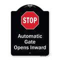 Signmission Designer Series Sign - Stop, Automatic Gate, Opens Inward With Symbol Heavy-Gauge Aluminum Architectural Sign | Prot