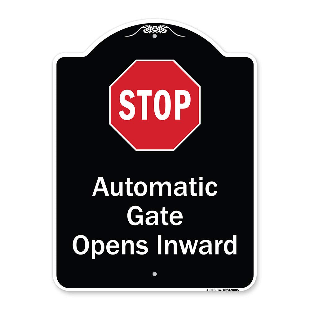Signmission Designer Series Sign - Stop, Automatic Gate, Opens Inward With Symbol Heavy-Gauge Aluminum Architectural Sign | Prot