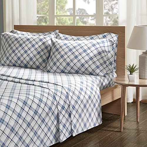 Comfort Spaces Cotton Flannel Breathable Warm Deep Pocket Sheets With Pillow Case Bedding, King, Blue Plaid 4 Piece