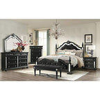 HomeRoots Wood Black Felt Finish King Bed with Crystal Mirrored Embellished