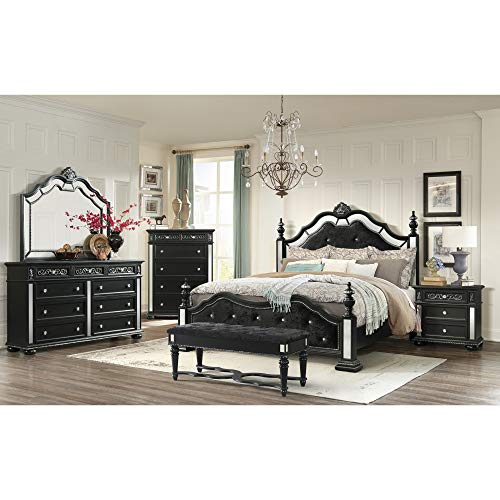 HomeRoots Wood Black Felt Finish King Bed with Crystal Mirrored Embellished