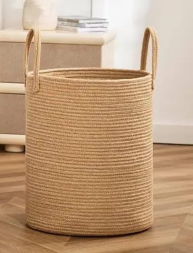 Woven Cotton Rope Laundry Hamper 60L for Decorative Storage, Brown