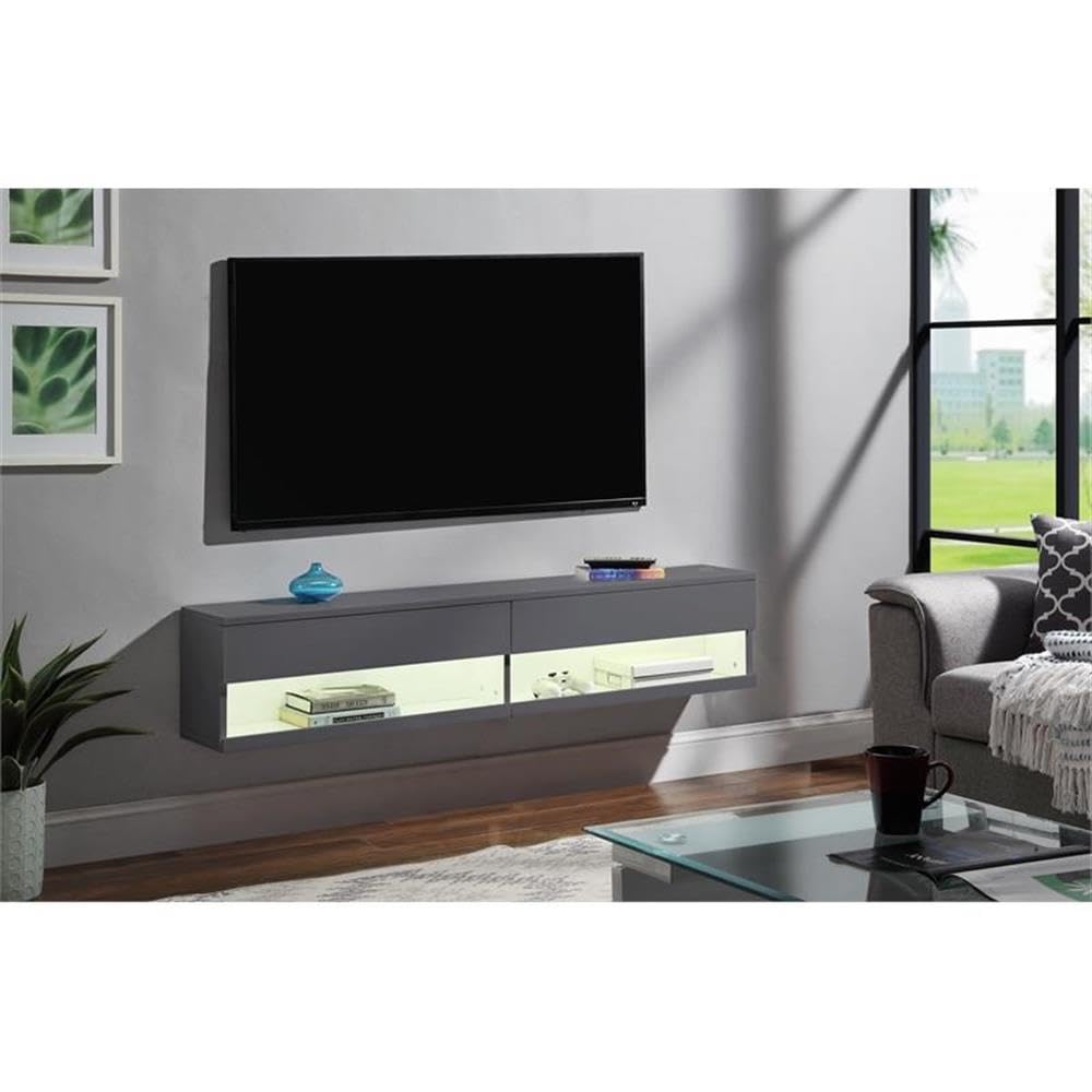 Acme Ximena Wooden Rectangular Floating TV Stand with LED Lighting in Gray