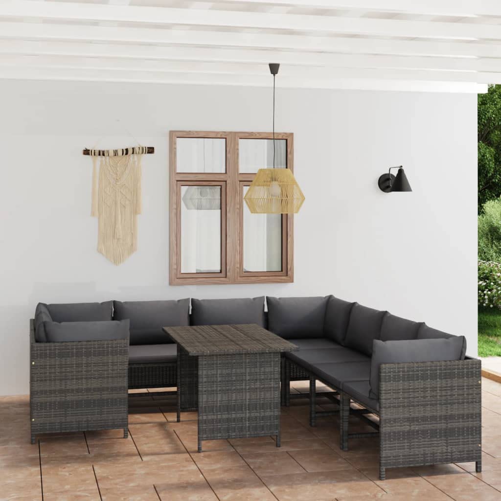 vidaXL 9 Piece Patio Lounge Set with Cushions - Farmhouse Style Poly Rattan Garden Furniture Set with Dining Table in Gray - Modular Outdoor Seating Arrangement