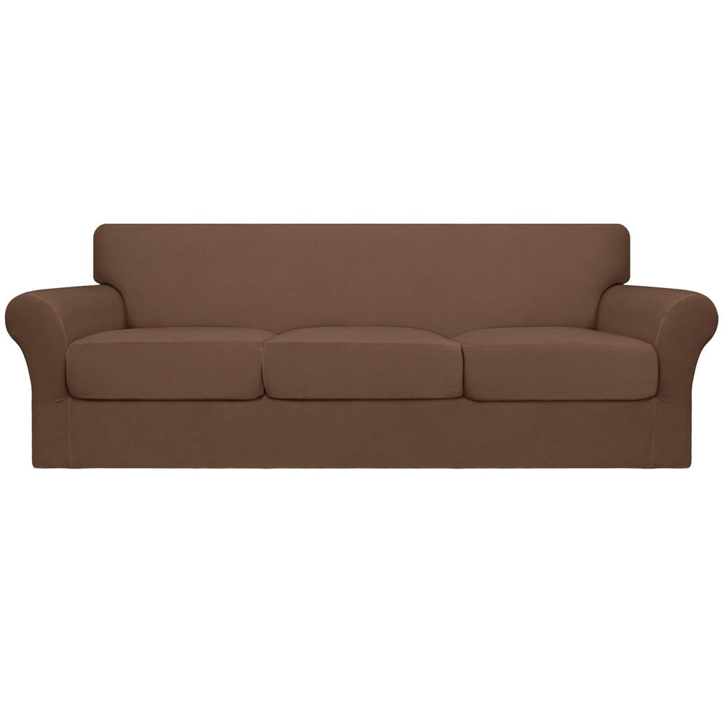 Easy-Going 4 Pieces Oversized Stretch Soft Couch Cover For Dogs - Washable Sofa Slipcover For 3 Separate Cushion Couch - Elastic Furniture Protector For Pets, Kids Brown