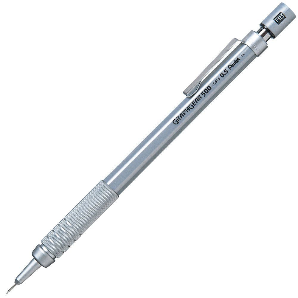 Pentel Graphgear 500 0.5 Mm Hb Mechanical Pencil | Lead Of Grade Hb | Mini Interchangeable Eraser With Push Mechanism | Silver P