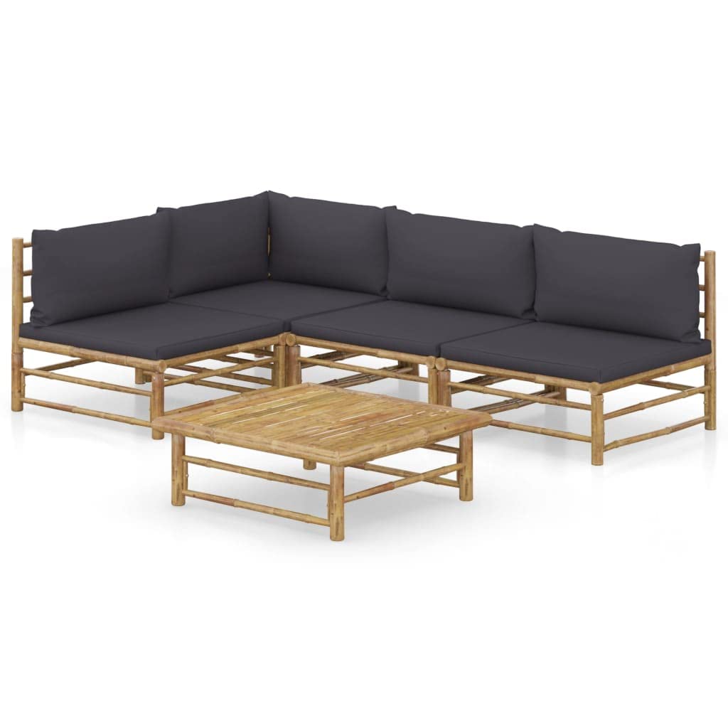 vidaXL- Bamboo Patio Lounge Set, 5-Piece Dark Gray Cushions, Removable and Washable Cushion Covers, Light Weight, Modular Design, Simple Assembly, Full Set Included.