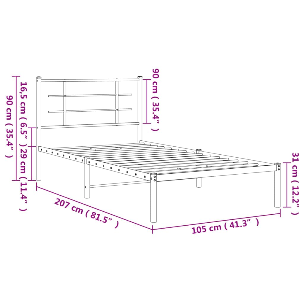 vidaXL Single Bed Frame - White Metal with Elegant Headboard, Supportive Slats, Under-Bed Storage Space - 39.4x78.7 Compatible