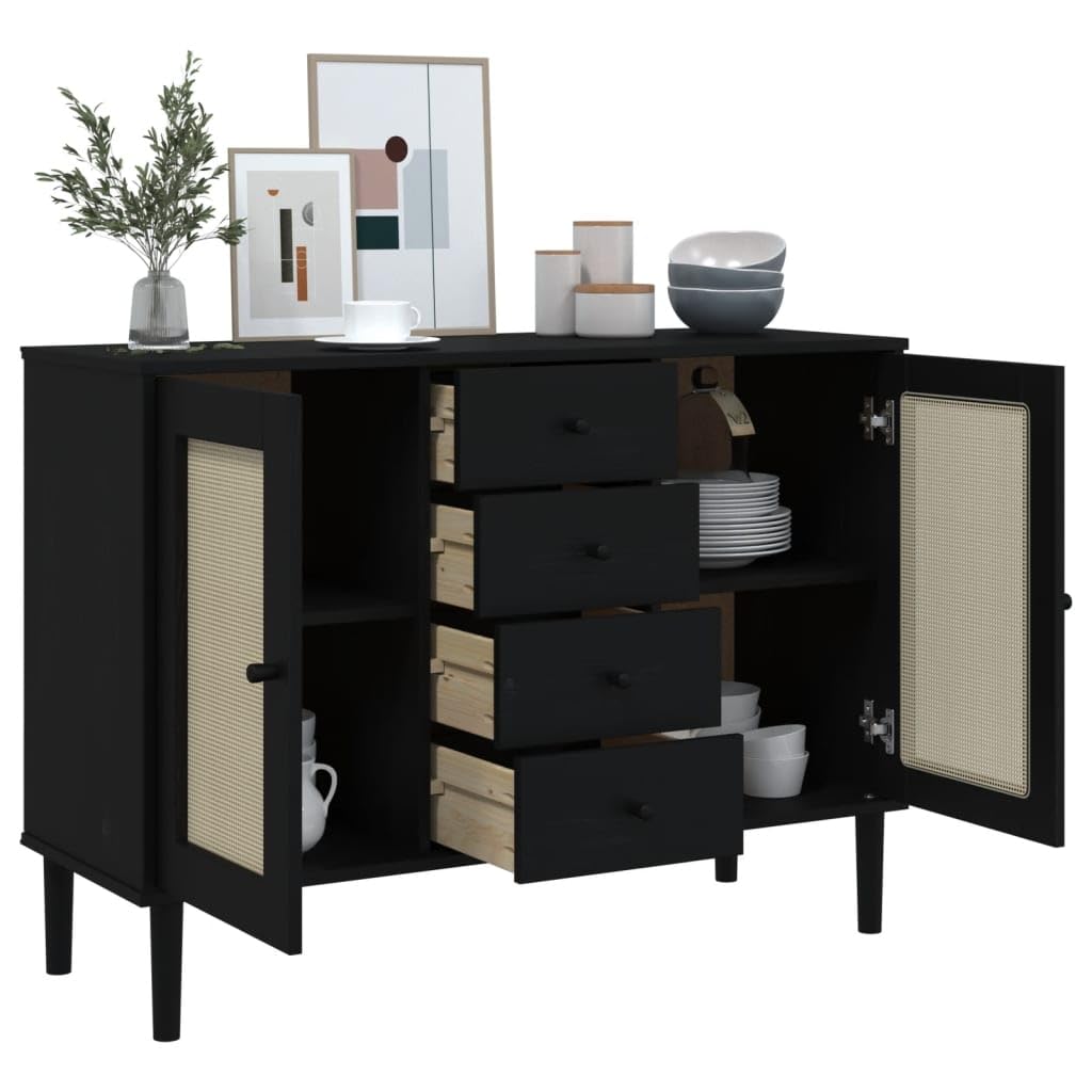 vidaXL Sideboard SENJA - Black Solid Pine Wood with Rattan Look Surface and UV Varnish Finish, Comes with 4 Drawers and 4 Compartments