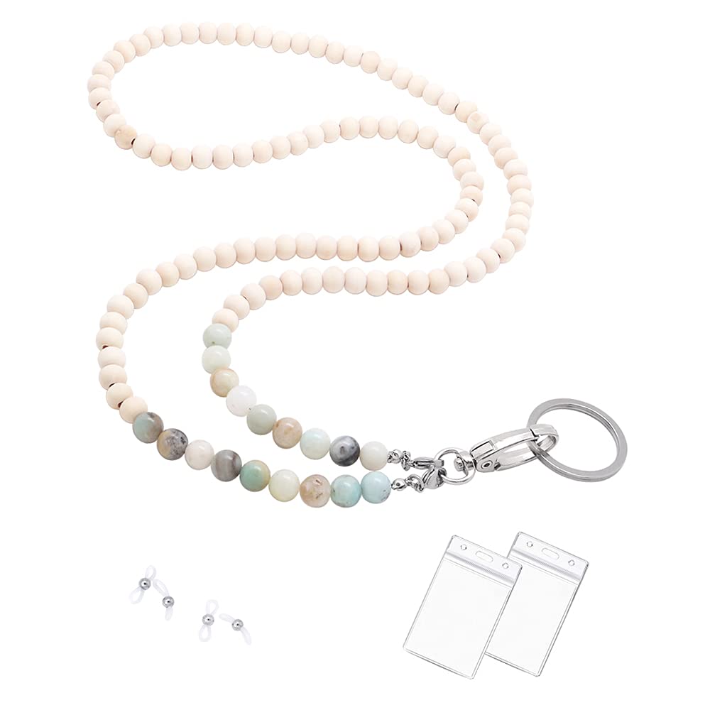 C&L Accessories Lanyards For Id Badges, Beaded Wooden Natural Stone Lanyard For Keys Eyeglass Holder Lanyard For Eyeglasses Chai