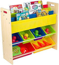Homesmiths Toy Organizer With Bookshelf For Kids Wooden Rack With 5 Plastic Bins And 3 Deep Pockets Sling For Play Room, Nursery