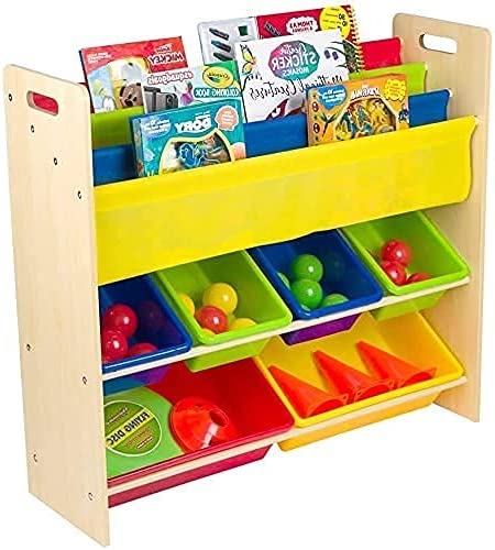 Homesmiths Toy Organizer With Bookshelf For Kids Wooden Rack With 5 Plastic Bins And 3 Deep Pockets Sling For Play Room, Nursery