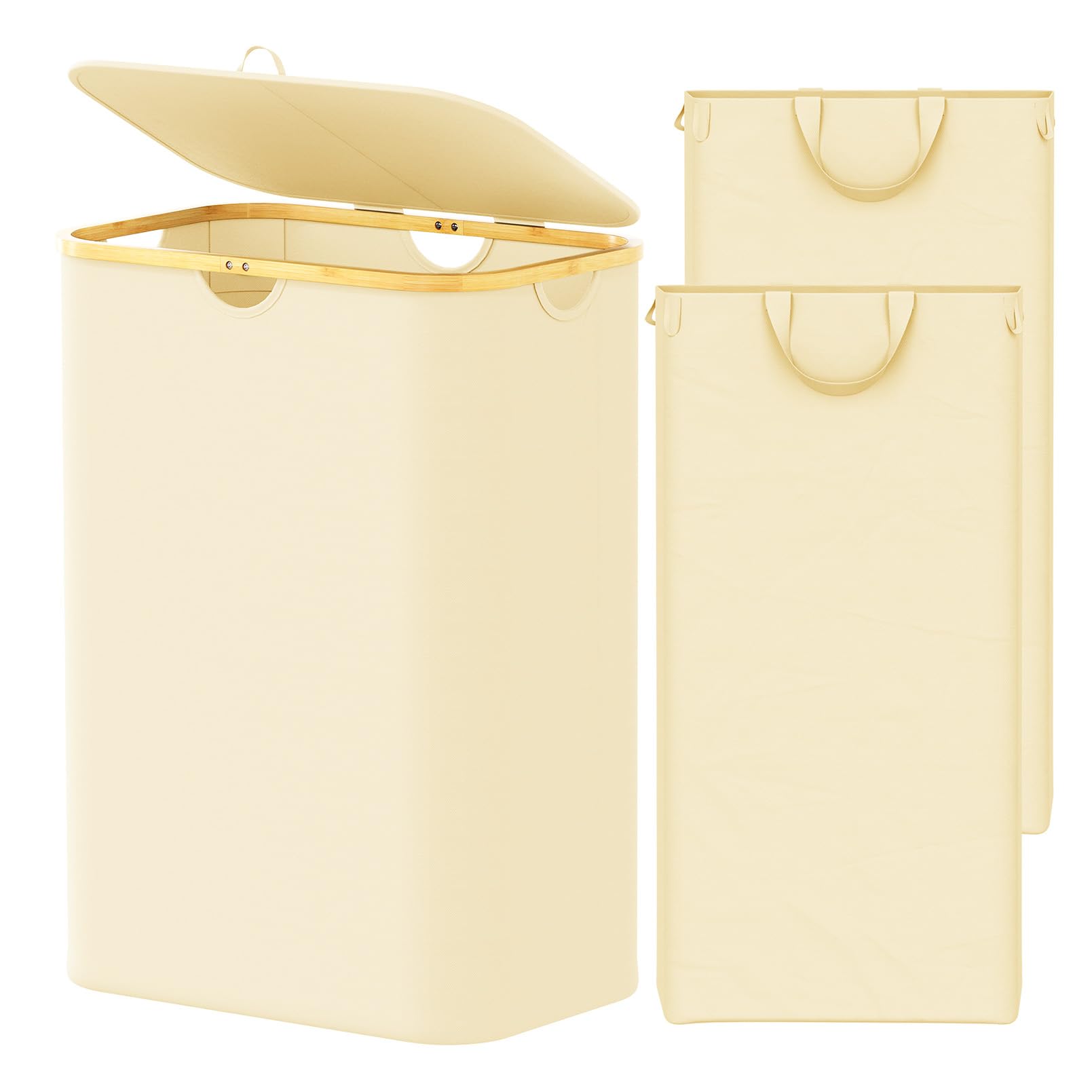 SpaceAid Double Laundry Hamper 2 Section with Lid and Removable Laundry Bags, 160L Clothes Basket with Bamboo Handles, Large Col