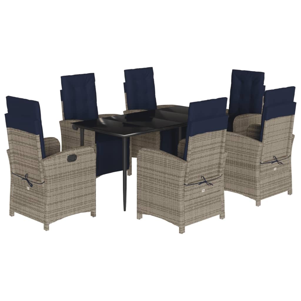 vidaXL 7-Piece Outdoor Patio Dining Set - Gray Poly Rattan Chairs with Adjustable Backrest, Navy Cushions, and Tempered Glass Table