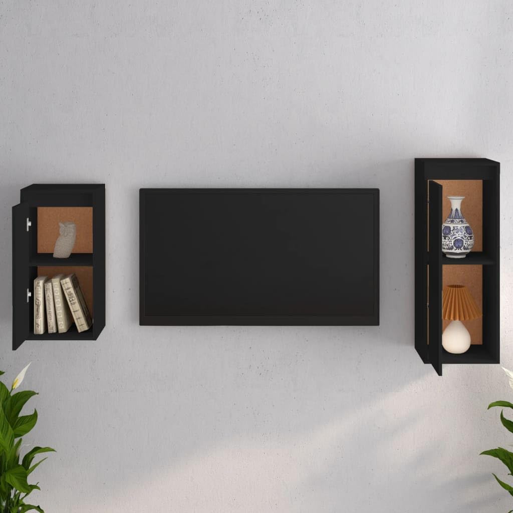 vidaXL TV Stand 2 Pcs Home Living Room Entertainment Center HiFi Cabinet TV Stand Wall Mounted Shelf Unit Furniture Solid Wood Pine Black