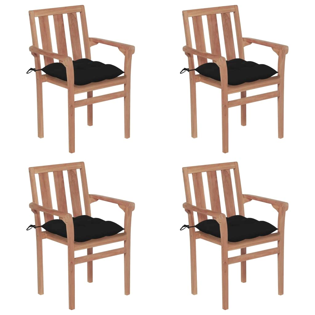 vidaXL 4 Pieces Patio Stackable Chairs with Black Cushions - Solid Teak Wood - Versatile Outdoors Furniture for Home, Garden, Pa