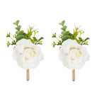 Meldel Ivory White Rose Boutonnieres for Men Wedding, Set of 2, Artificial Corsage for Prom, Groom and Groomsmen Boutonniere for