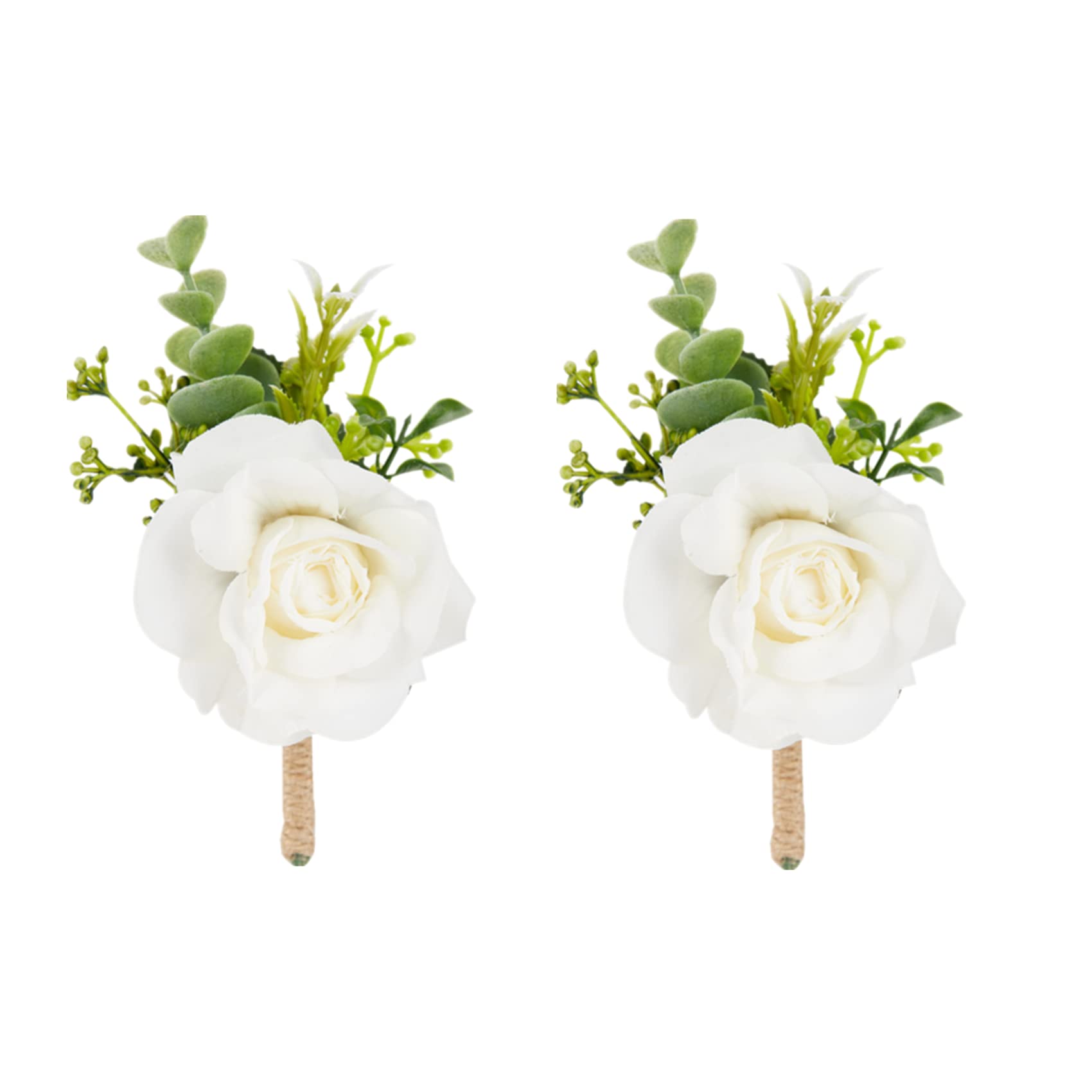 Meldel Ivory White Rose Boutonnieres for Men Wedding, Set of 2, Artificial Corsage for Prom, Groom and Groomsmen Boutonniere for