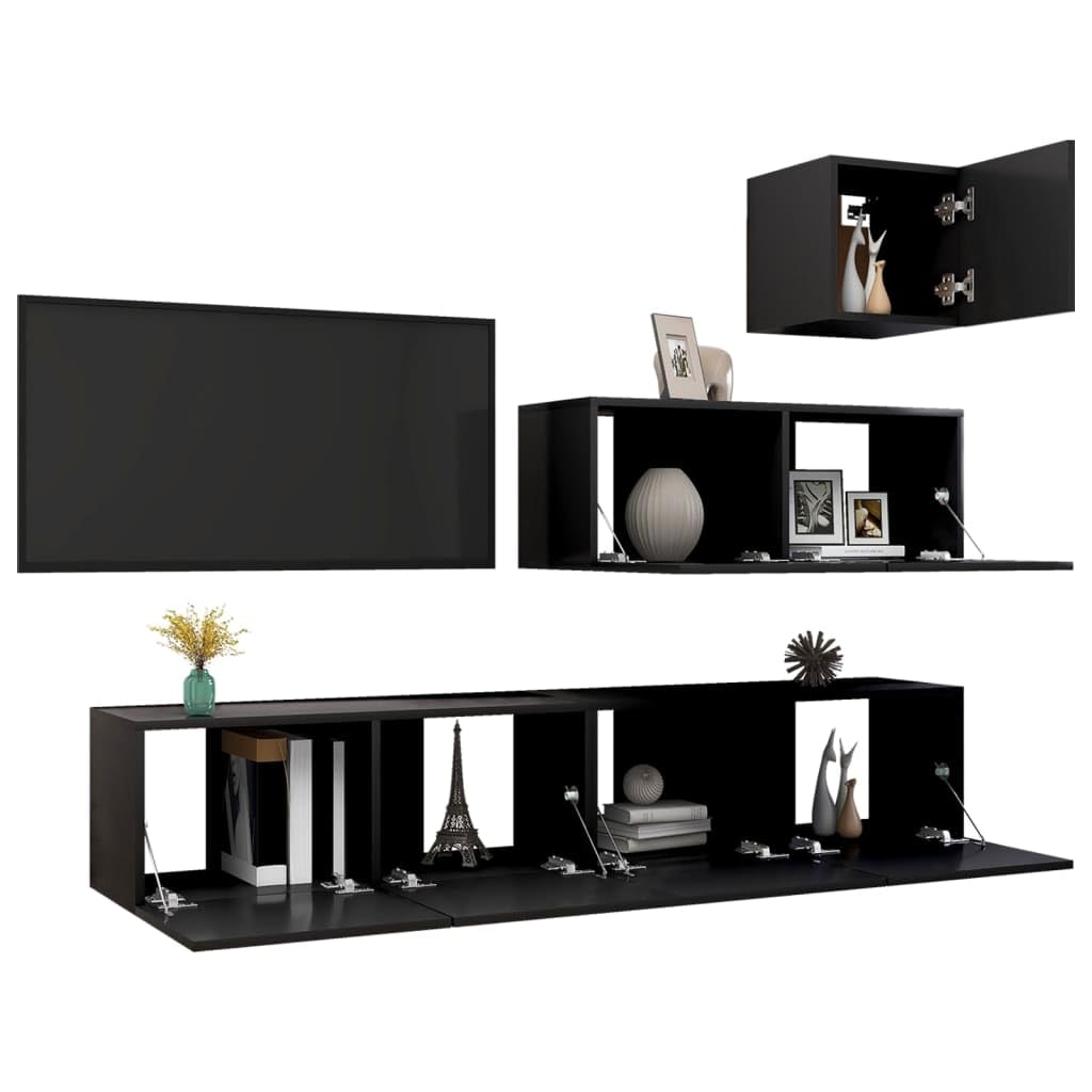 vidaXL TV Cabinet Set 4 Piece Home Living Room Bedroom Furniture HiFi Stereo Cabinet TV Stand Media Unit Entertainment Center Engineered Wood Black