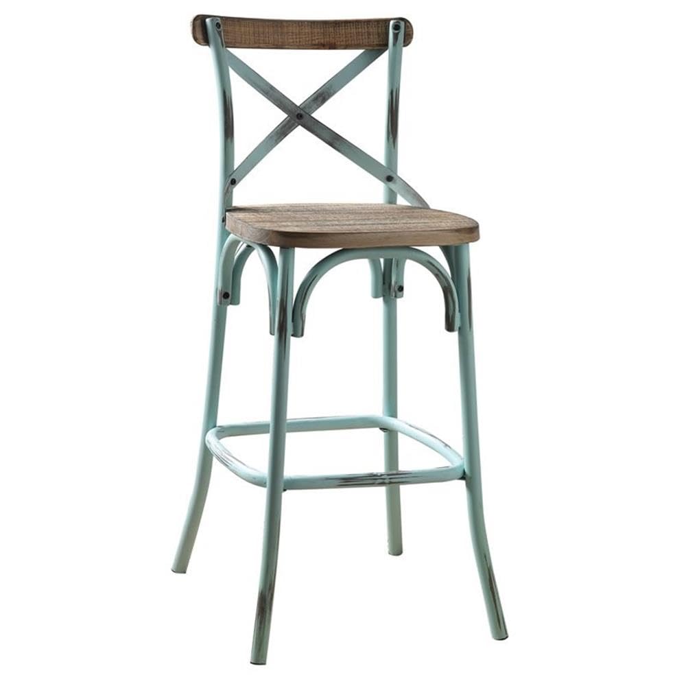 Acme Zaire Armless Bar Stool with Wooden Seat in Antique Sky and Antique Oak