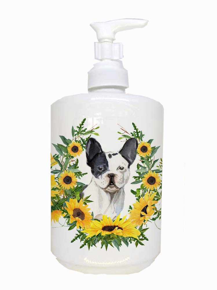 Caroline's Treasures CK2950SOAP Black White French Bulldog in Sunflowers Ceramic Soap Dispenser Hand Soap Dispenser Pump Bottles