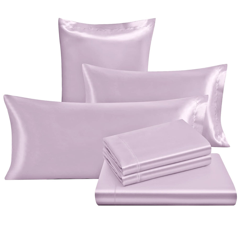 Ersmak 7 Pieces Satin Sheets Set King Size, Luxury Silky Lavender Satin Bed Sheets Set With 1 Deep Pocket Fitted Sheet, 1 Soft F