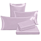 Ersmak 7 Pieces Satin Sheets Set King Size, Luxury Silky Lavender Satin Bed Sheets Set With 1 Deep Pocket Fitted Sheet, 1 Soft F
