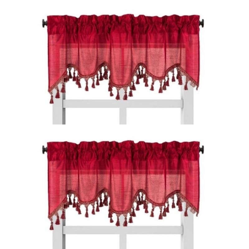 Solid Faux Silk Swag Waterfall Cascade Ascot Window Curtain Valance W/Tassels Trim 55' X18' Wave (2, Burgundy)