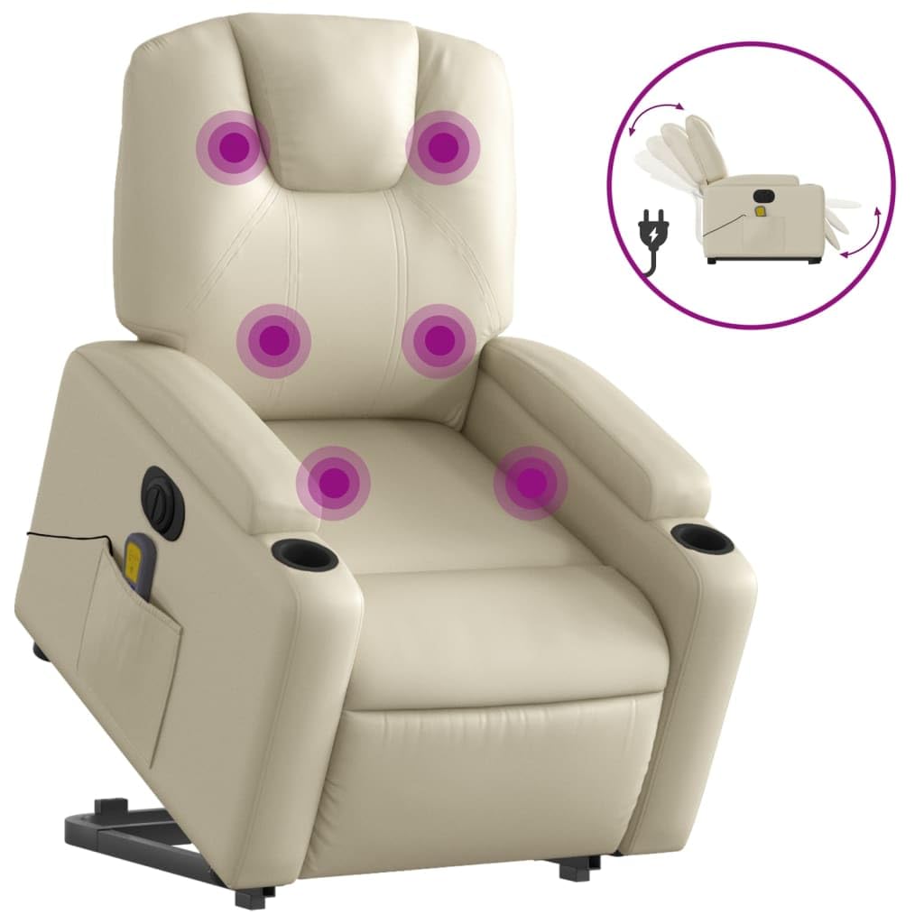 vidaXL Electric Massage Recliner Chair - Cream Faux Leather Stand-up Armchair with Vibration Massage, Power Lift, Cup Holders fo