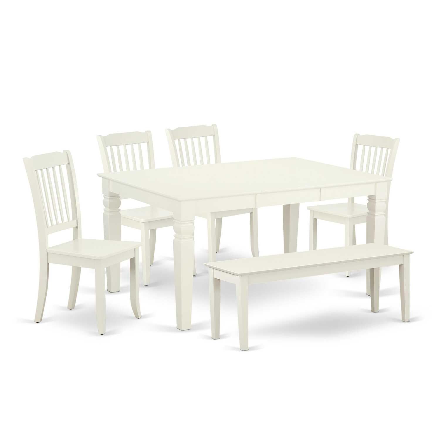 East West Furniture WEDA6-LWH-W 6Pc Rectangular 42/60&quot; Dining Table with 18 in Leaf and Four Wood Seat Dining Chairs Plus 1 Bench
