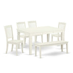East West Furniture WEDA6-LWH-W 6Pc Rectangular 42/60" Dining Table with 18 in Leaf and Four Wood Seat Dining Chairs Plus 1 Bench