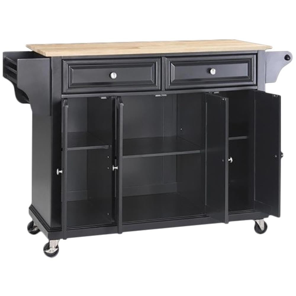 Crosley Furniture Full Size Wood Top Rolling Kitchen Island Storage Cart, Microwave Stand, Spice Rack, Black