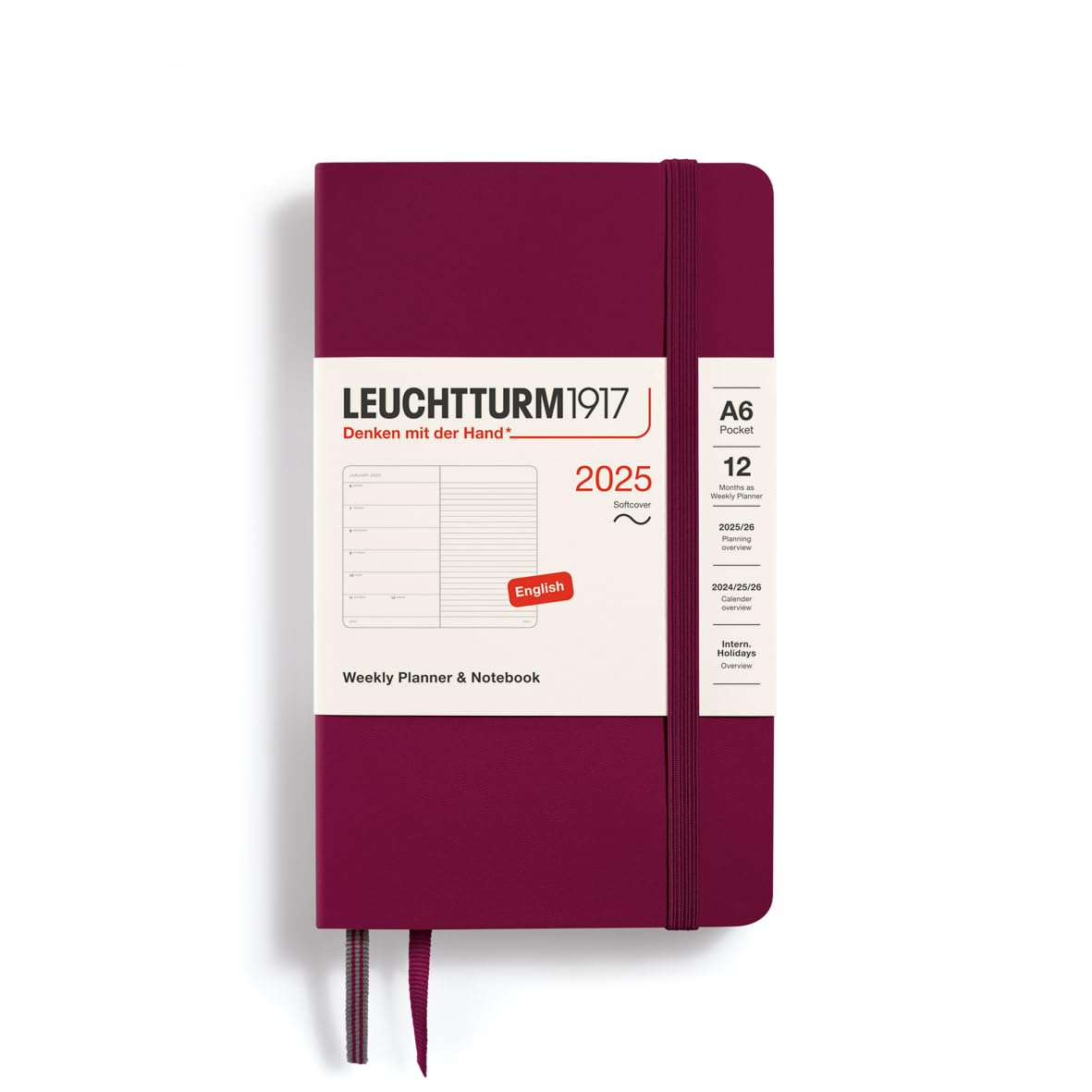 Leuchtturm1917 - Weekly Planner & Notebook 2025, Softcover, Pocket (A6), Port Red (Jan 1 - Dec 31, 2025)
