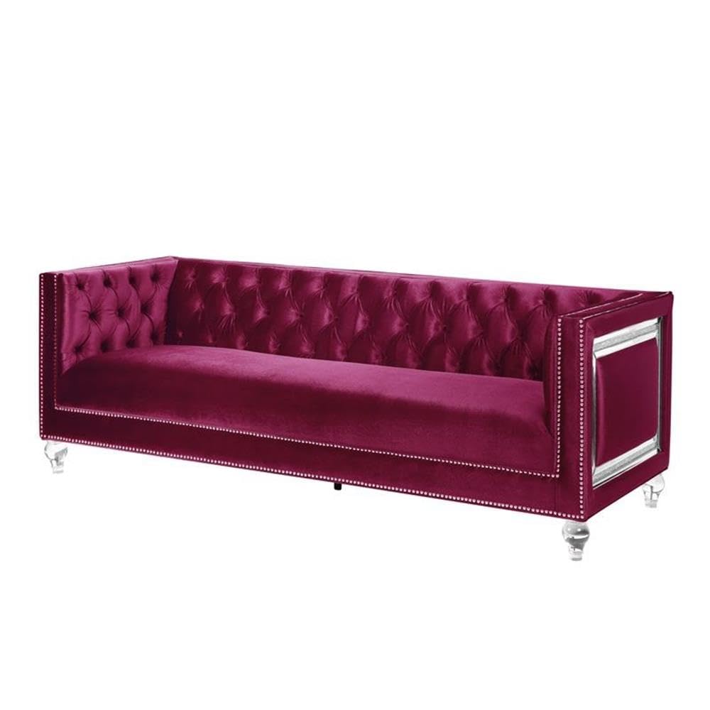 Acme Heibero Button Tufted Velvet Upholstery Sofa with Nailhead Trim in Burgundy