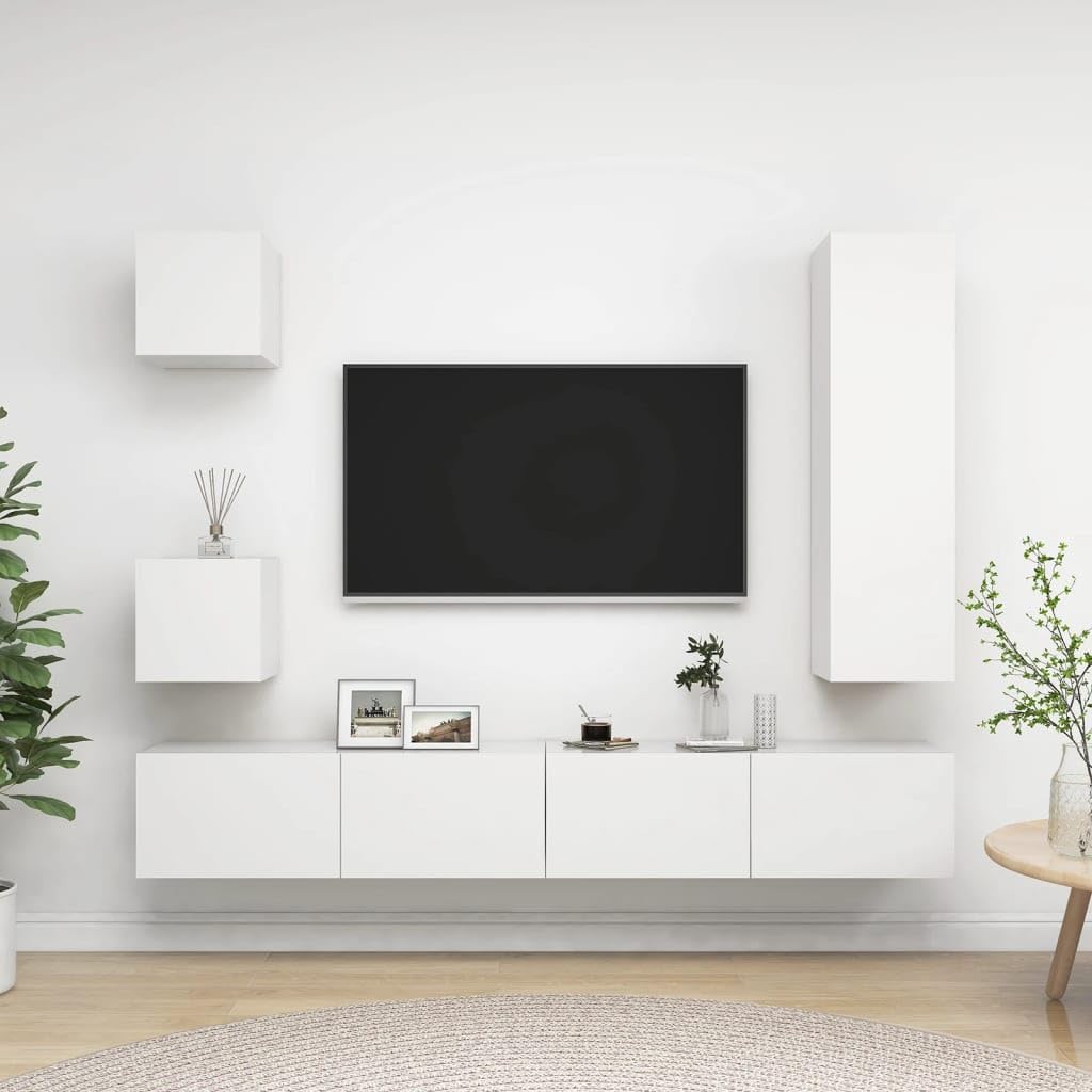 vidaXL TV Stand Set 5 Piece Home Living Room Bedroom Furniture HiFi Stereo Cabinet TV Stand Media Unit Entertainment Center Engineered Wood White