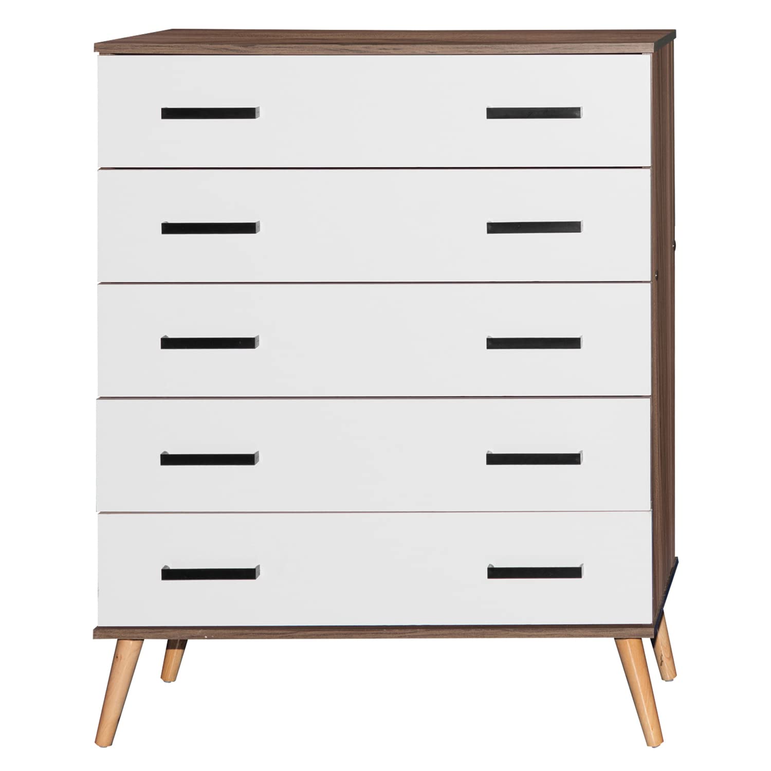 Better Home Products Eli Mid-Century Modern 5 Drawer Chest in Walnut & White