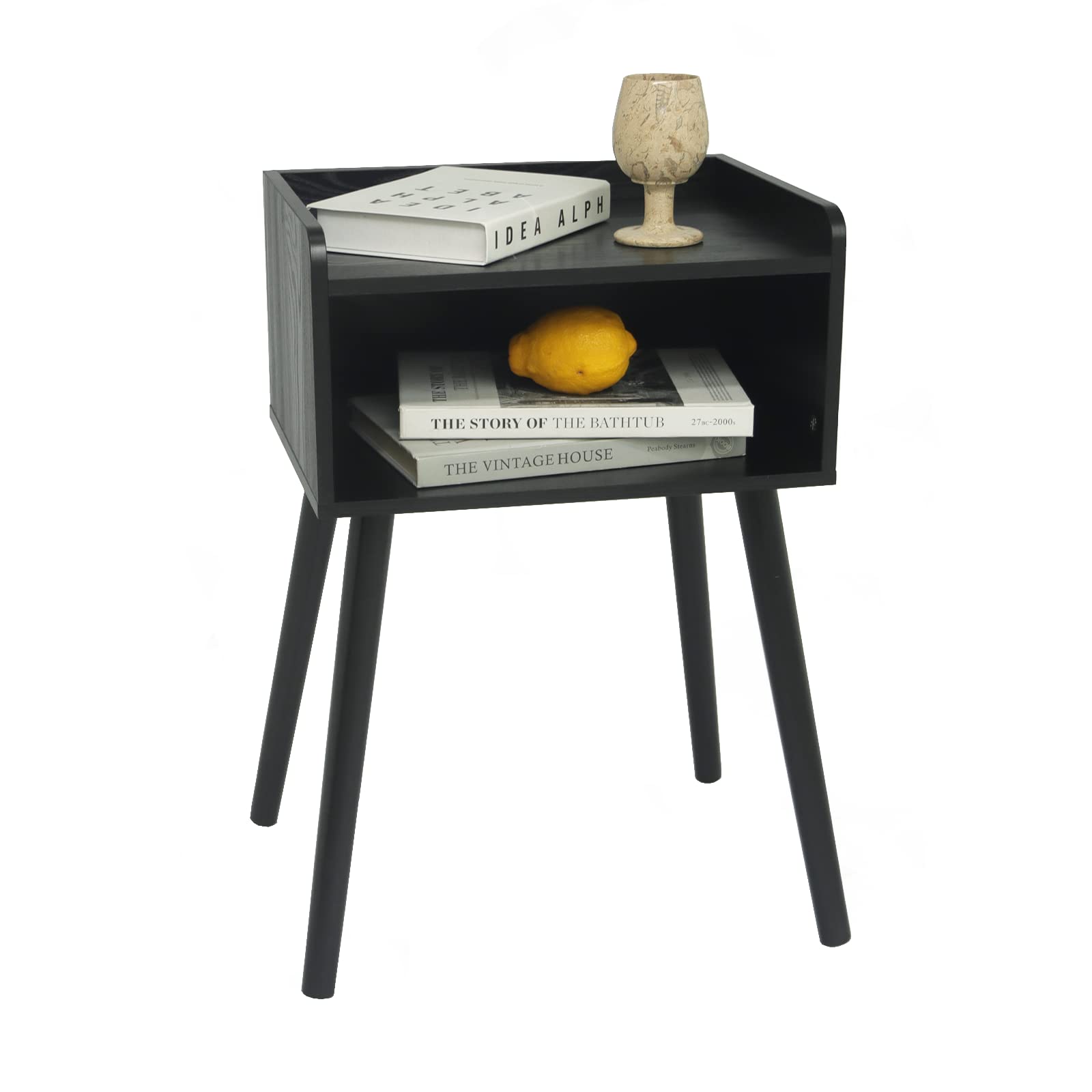 Maxsmeo Nightstand, Mid Century Modern Side Table Bedroom With Storage, Small End Bedside Table With Solid Wood Legs For Living Room, Office Small Spaces (Black)