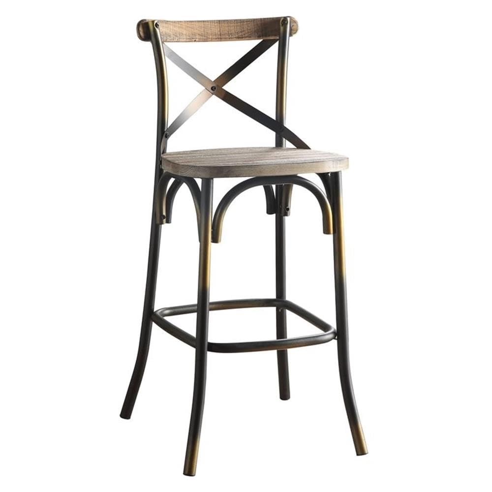 Acme Zaire Armless Bar Stool with Wooden Seat in Antique Copper and Antique Oak